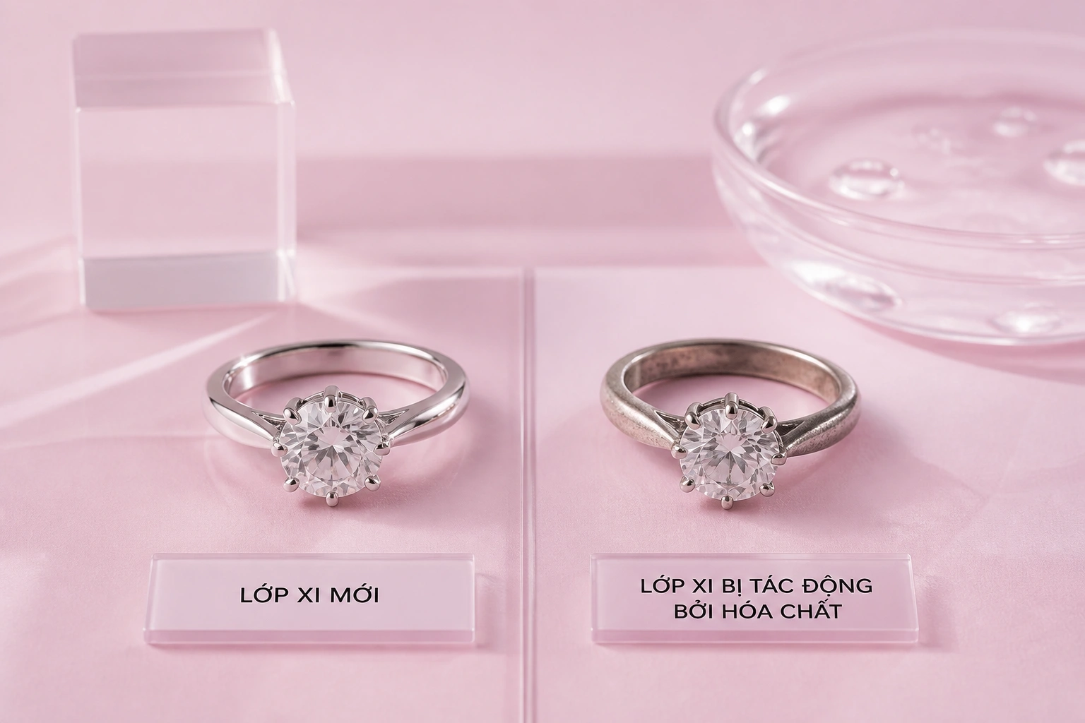 Minh họa sự khác biệt giữa lớp xi mới và lớp xi bị tác động bởi hóa chất