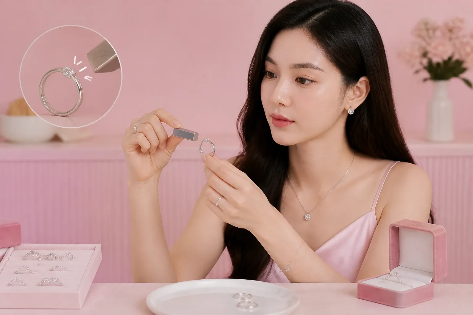 Minh họa thí nghiệm dùng nam châm thử nhẫn bạc S925