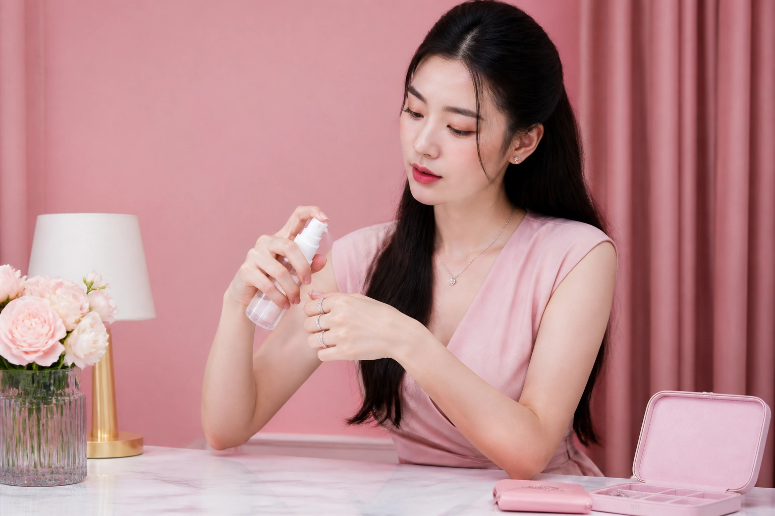 Minh họa thói quen xịt cồn sát khuẩn trực tiếp lên tay khi đeo nhẫn bạc