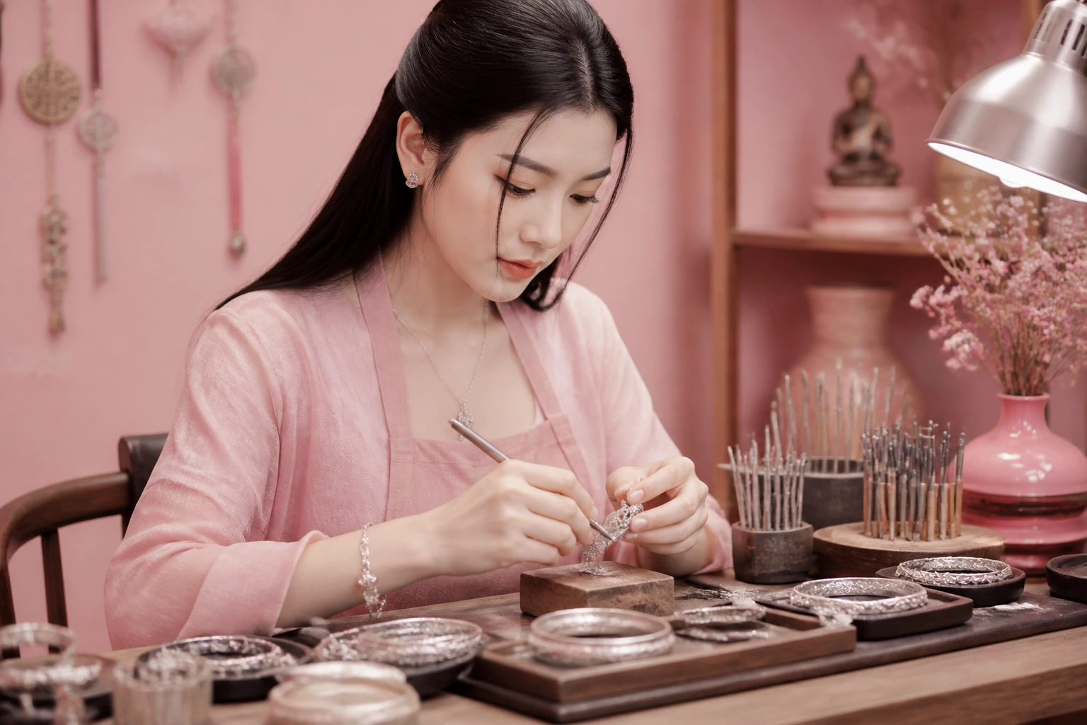 Nghệ nhân chế tác bạc thủ công với các họa tiết phong thủy cổ truyền