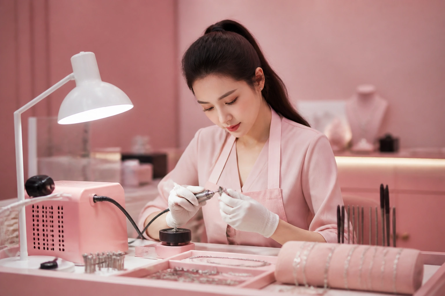 Nghệ nhân DNJ đang thực hiện công đoạn đánh bóng trang sức bạc thủ công
