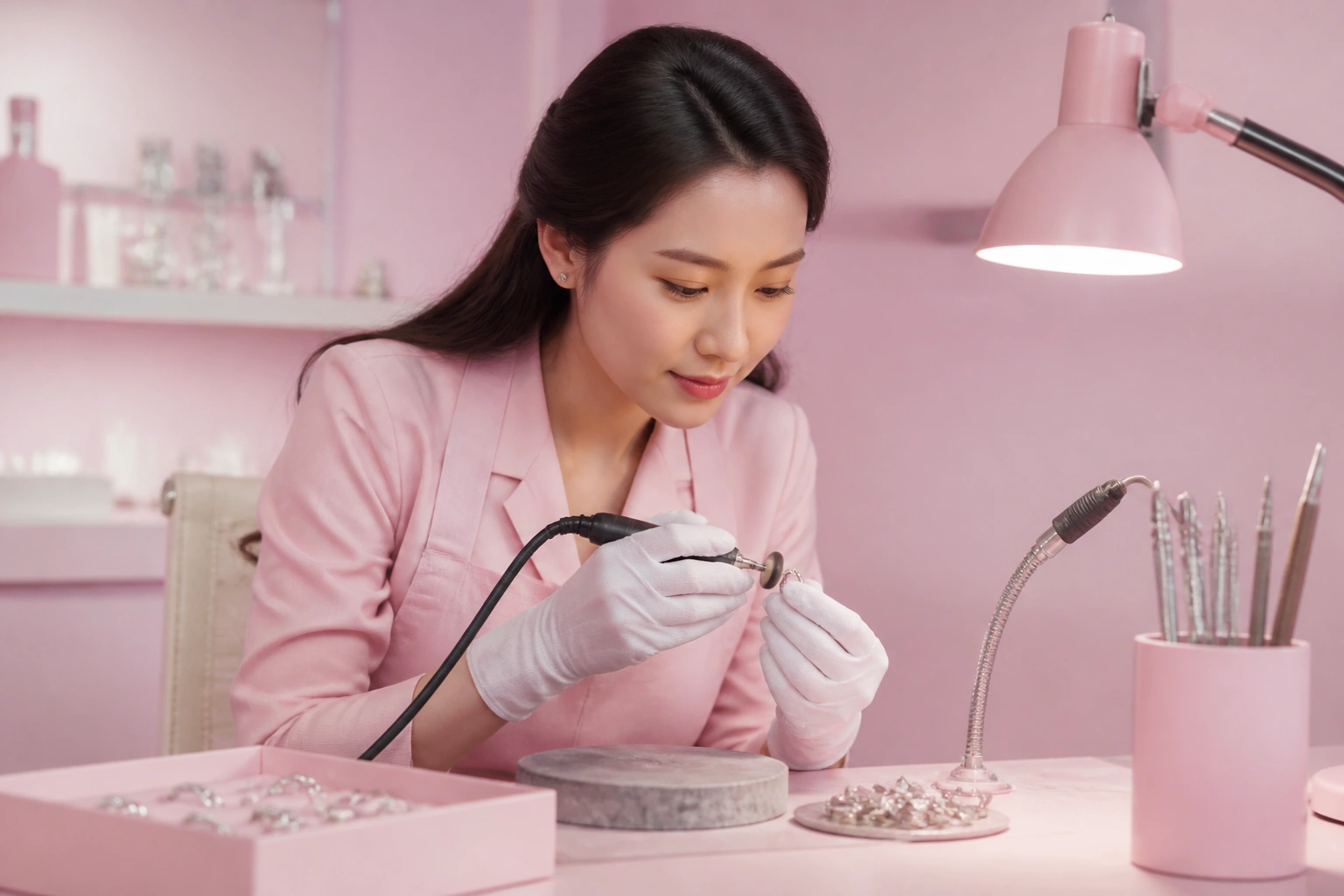 Nghệ nhân DNJ Silver đang đánh bóng thủ công mẫu bạc nguyên bản