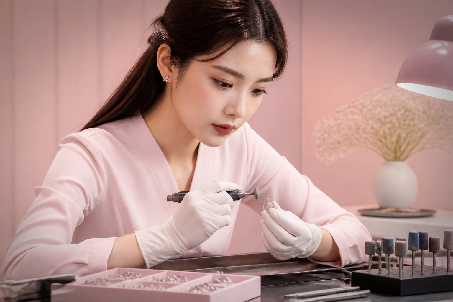 Nghệ nhân DNJ Silver đang hoàn thiện thủ công một chiếc nhẫn bạc sau khi đúc