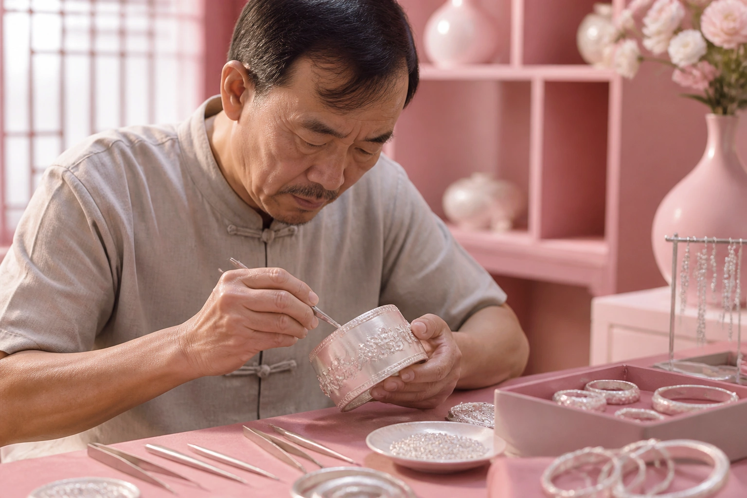 Nghệ nhân làng nghề truyền thống đang tỉ mỉ thực hiện kỹ thuật đậu bạc