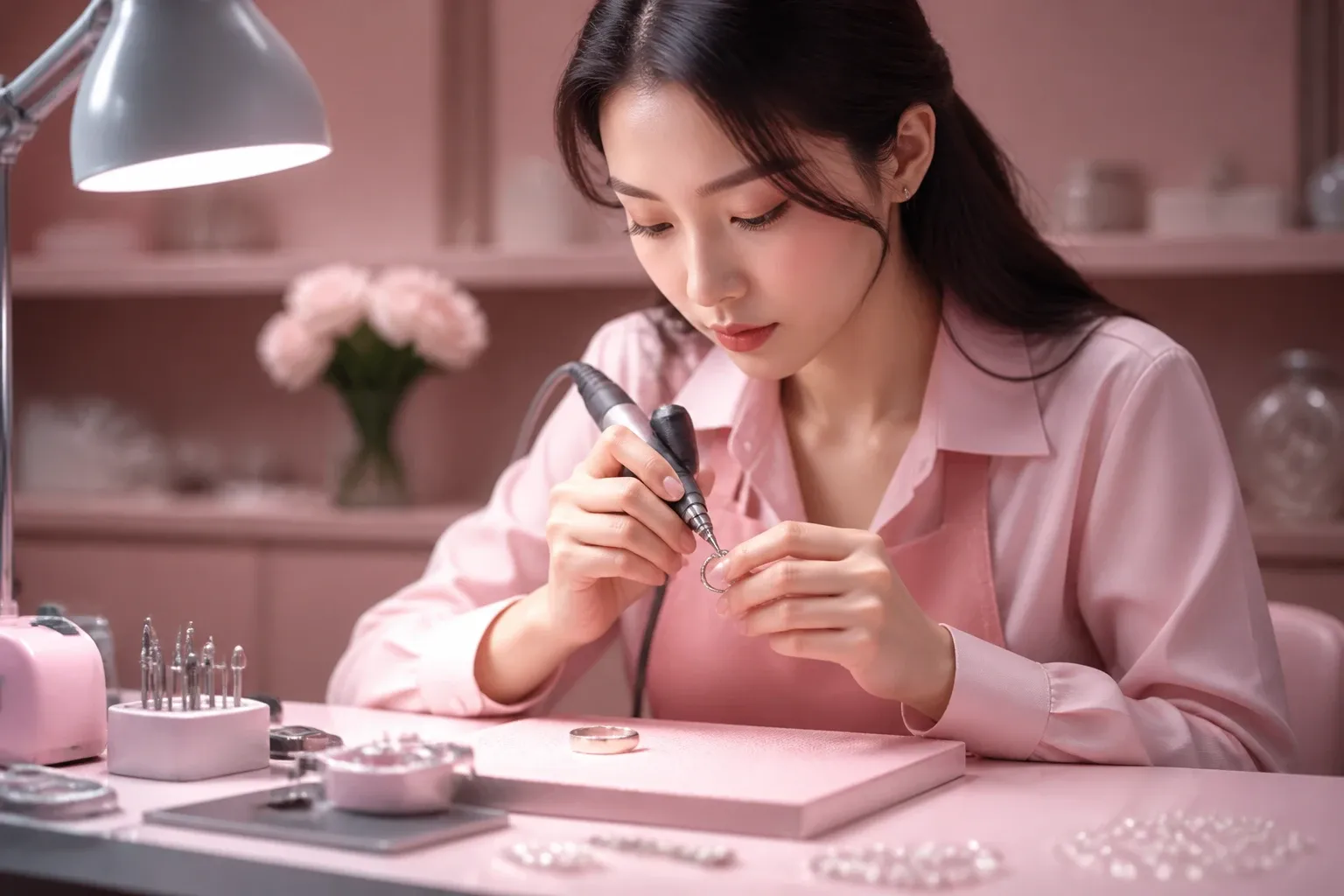 Nghệ nhân sử dụng bút mạ điện để xử lý các chi tiết siêu nhỏ trên nhẫn bạc
