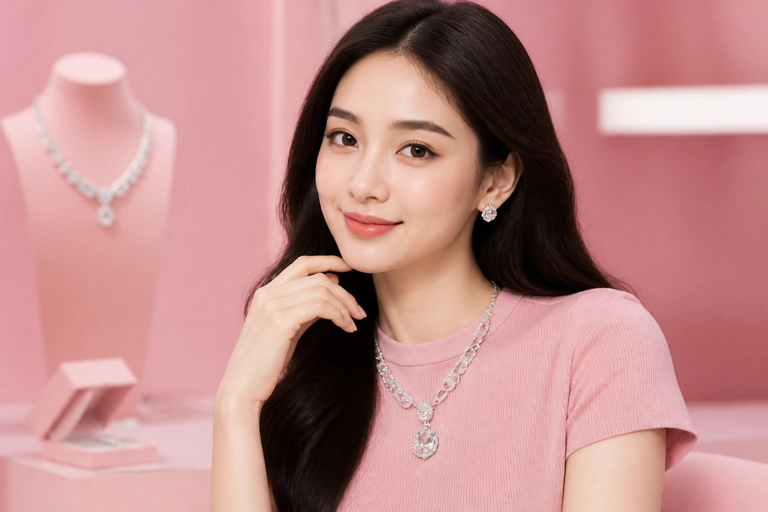 Người mẫu diện áo cổ tròn phối cùng dây chuyền bạc đính đá bản lớn sang trọng