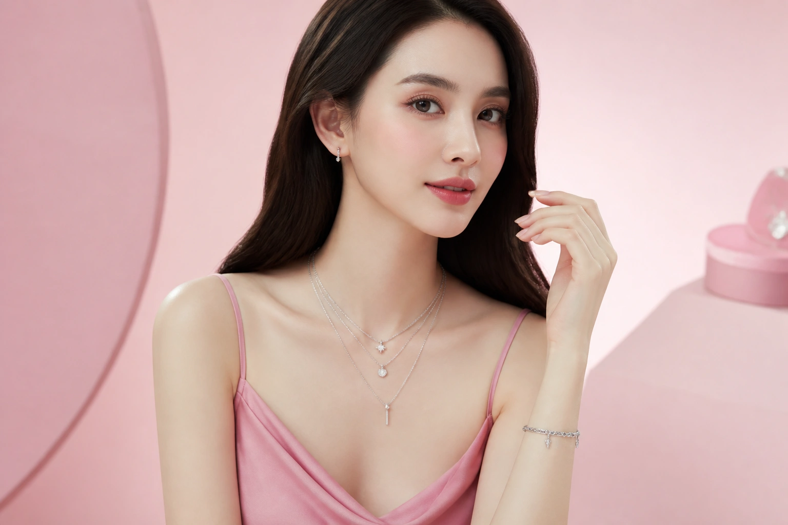 Người mẫu đeo phối layer nhiều kiểu dây chuyền bạc khác nhau cực thời trang