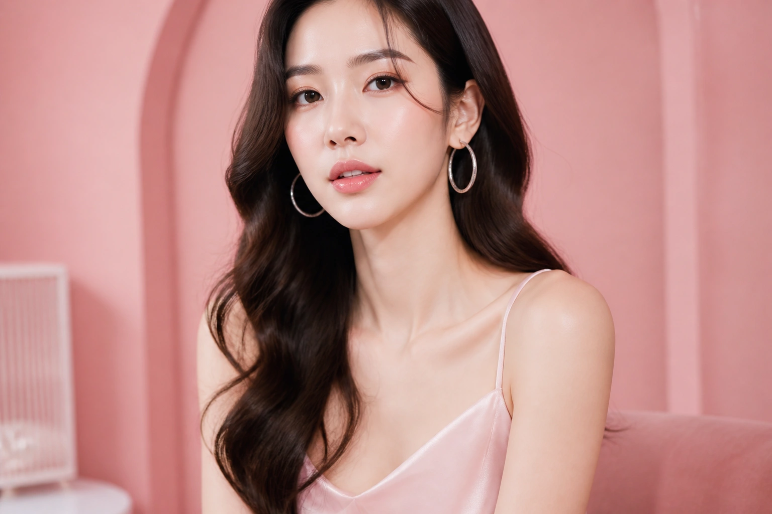 Người mẫu mặt dài diện bông tai bạc dạng vòng hoops sang trọng