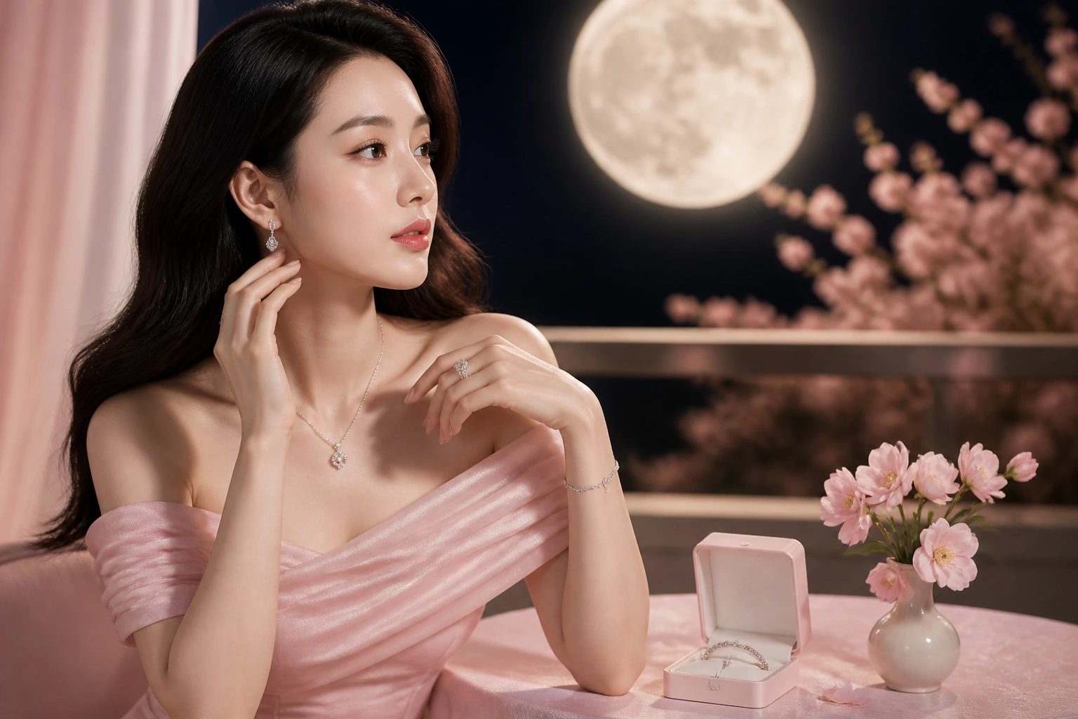 Người phụ nữ thanh lịch với bộ trang sức bạc DNJ Silver dưới ánh trăng