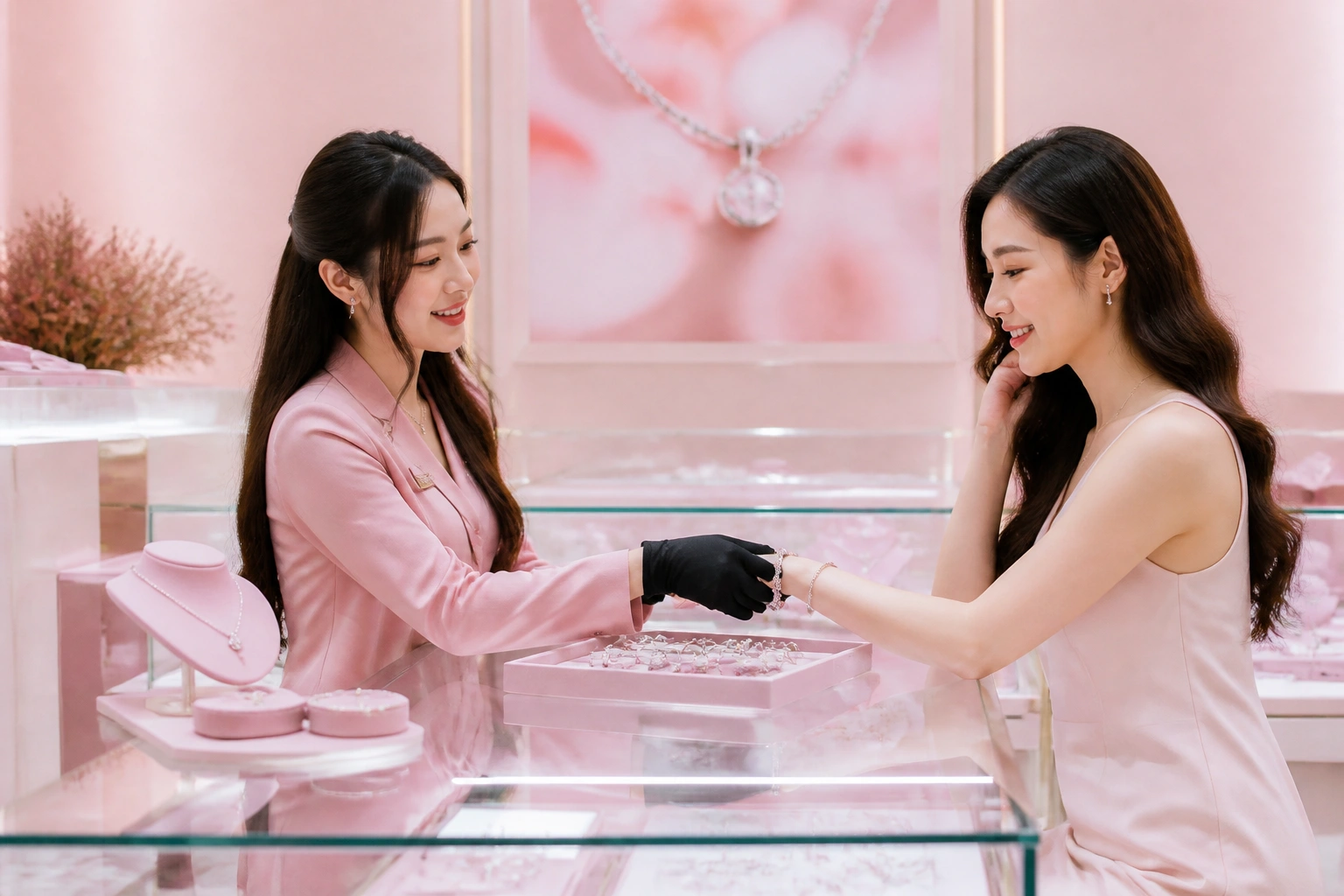 Nhân viên dnj đang hướng dẫn khách hàng mix vòng tại cửa hàng