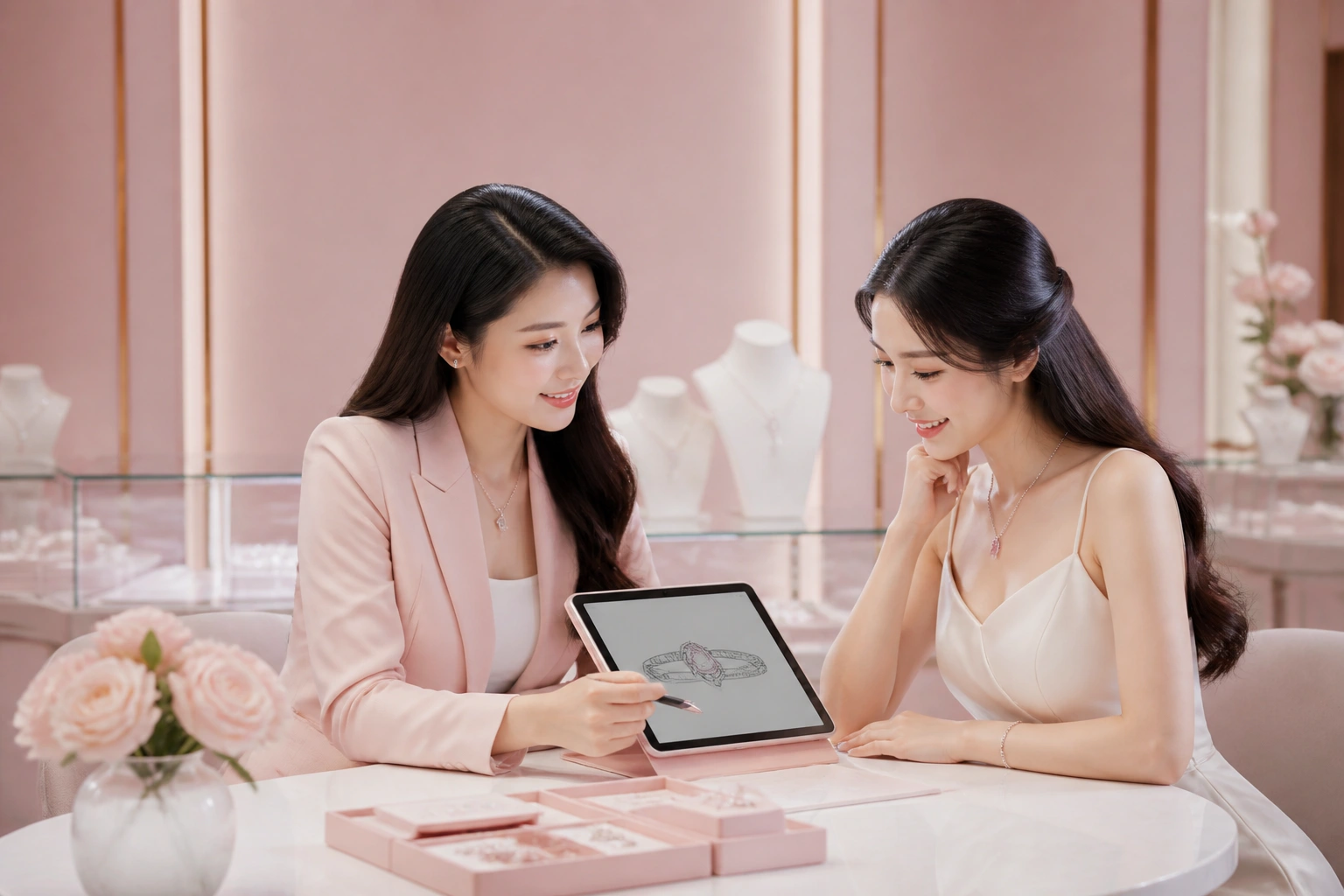 Nhân viên dnj đang tư vấn thiết kế nét khắc riêng cho khách hàng