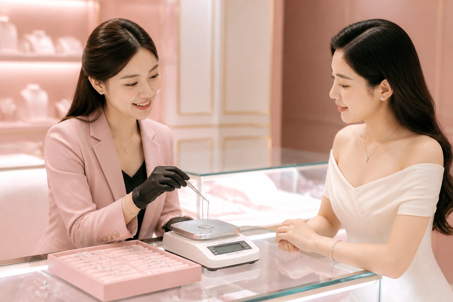 Nhân viên DNJ Silver đang cân đo và tư vấn trọng lượng cho khách hàng
