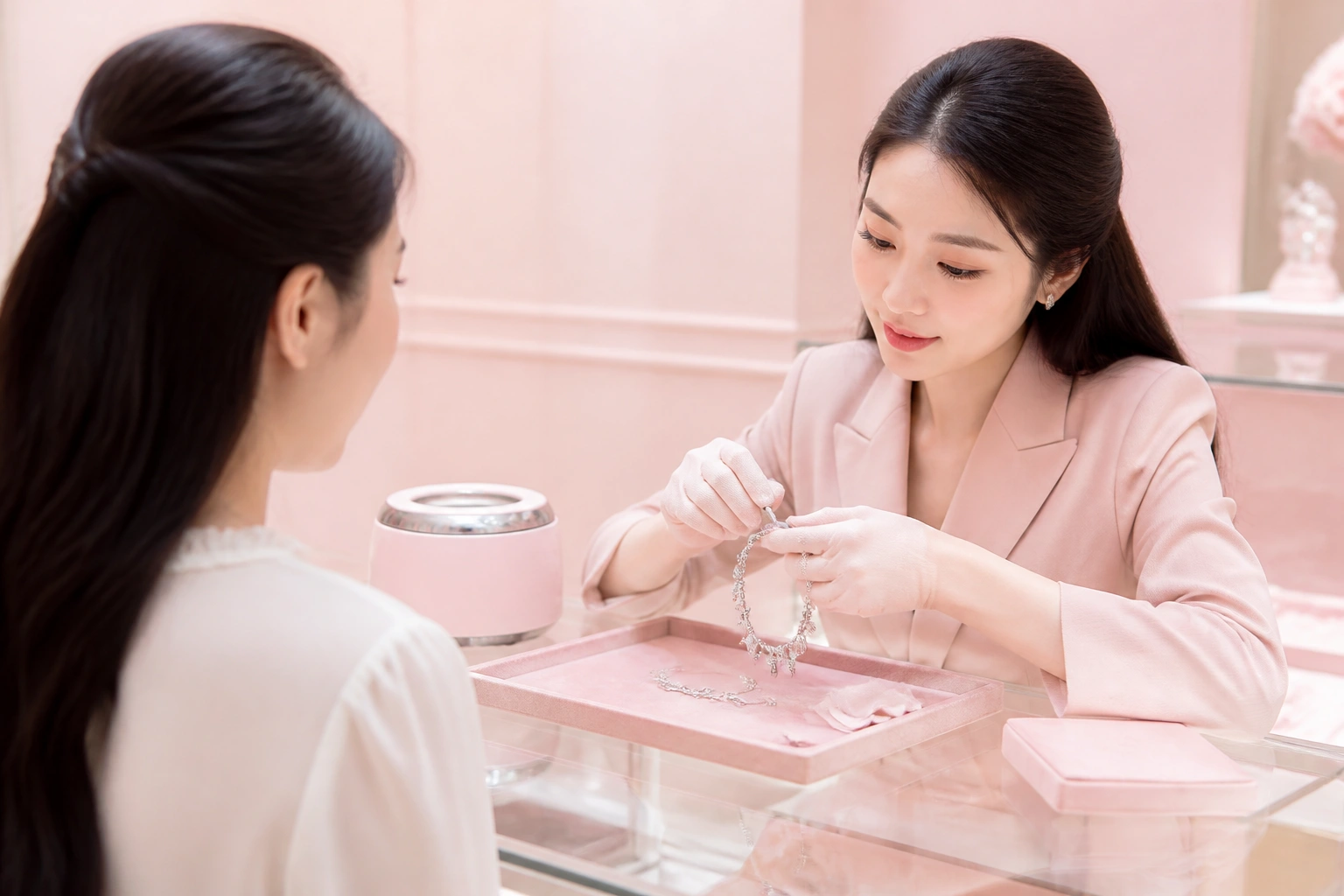 Nhân viên DNJ Silver đang thực hiện vệ sinh và bảo trì vòng charm cho khách