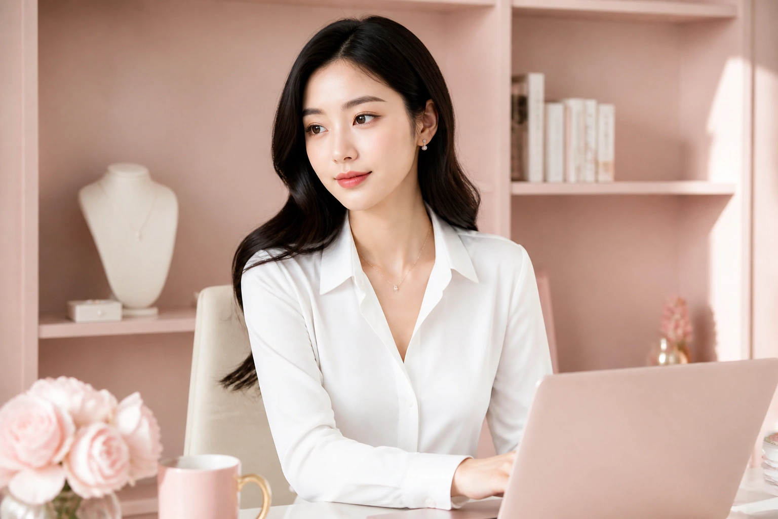Quý cô công sở thanh lịch với dây chuyền bạc mảnh và áo sơ mi trắng