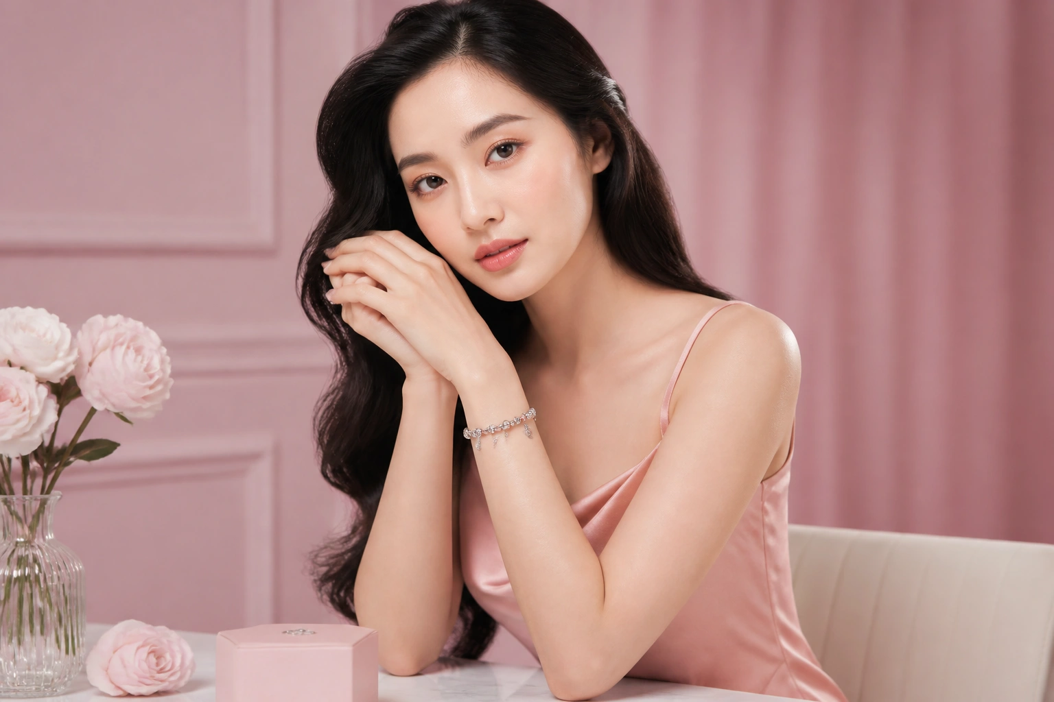 Quý cô diện váy lụa kết hợp với vòng tay charm bạc S925 dnj