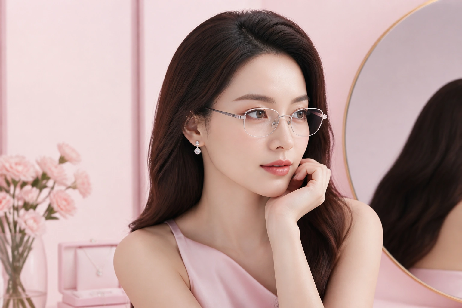 Quý cô đeo kính gọng mảnh phối cùng khuyên tai bạc đính đá tại DNJ Silver