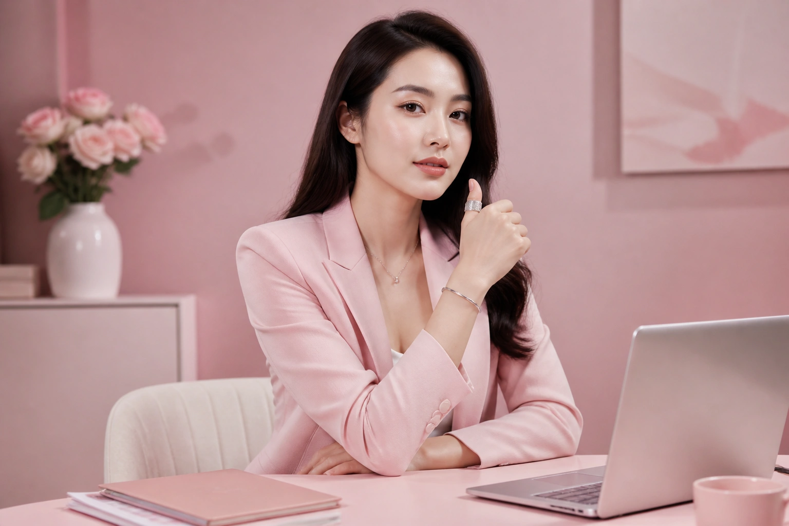 Quý cô lãnh đạo với chiếc nhẫn bạc bản to đeo ngón cái quyền lực