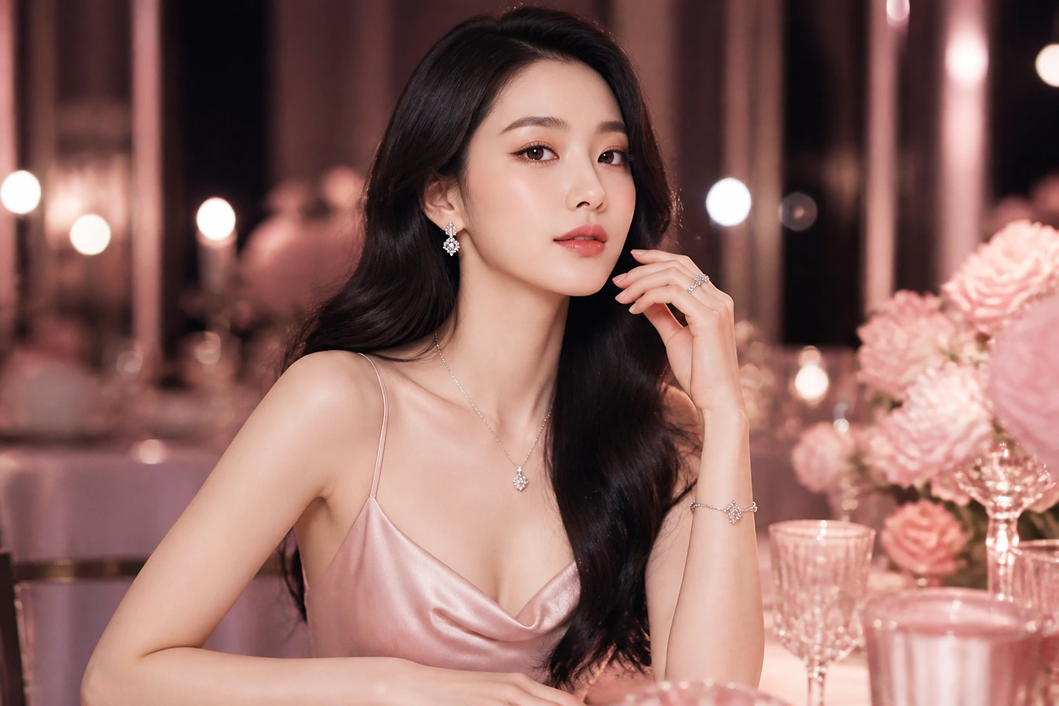 Quý cô sang trọng với bộ trang sức bạc DNJ lấp lánh dưới ánh đèn đêm tiệc