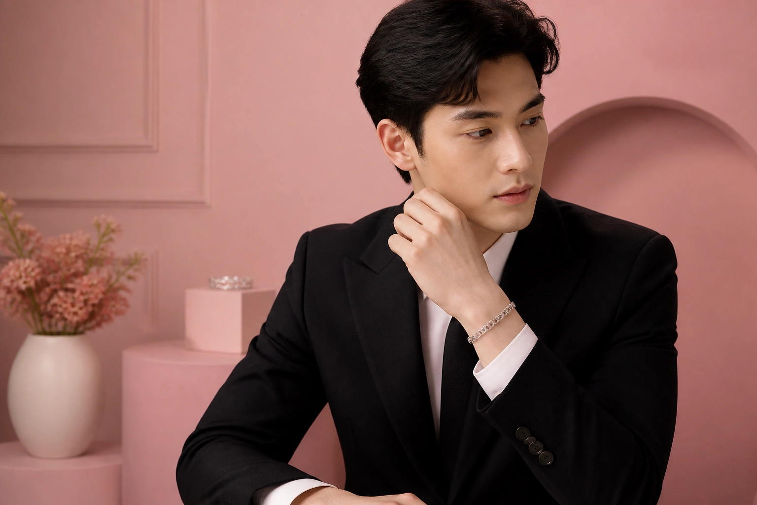 Quý ông lịch lãm kết hợp vòng tay bạc nam với bộ suit sang trọng