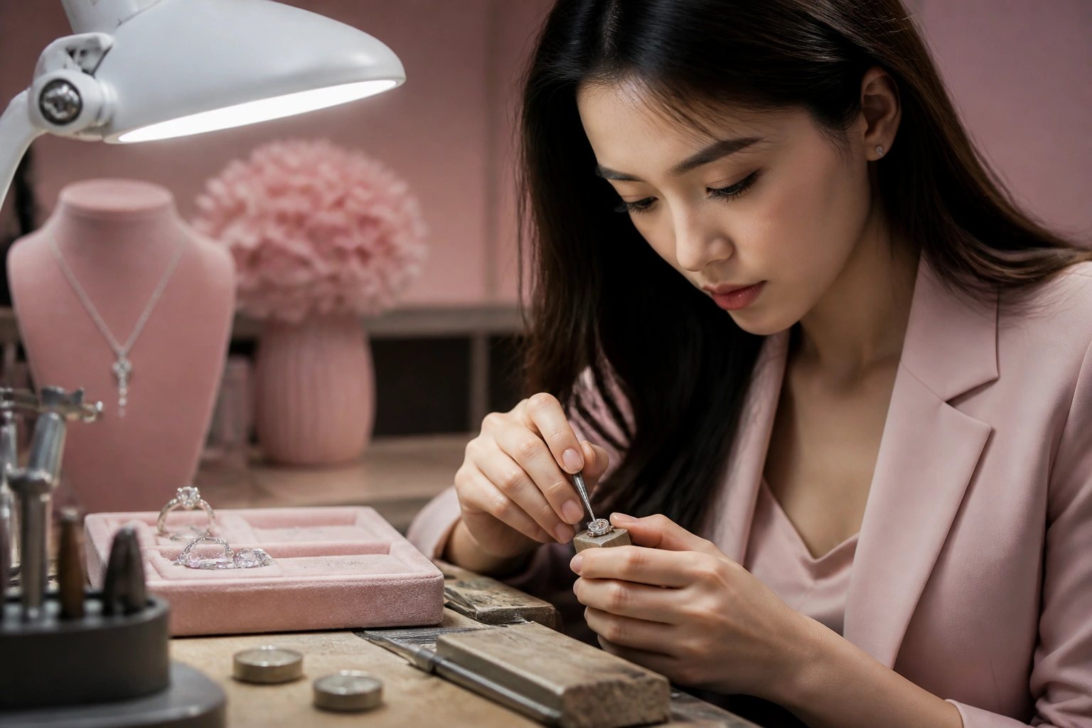 Quy trình nghệ nhân lùa chấu giữ viên đá moissanite trên ổ bạc S925