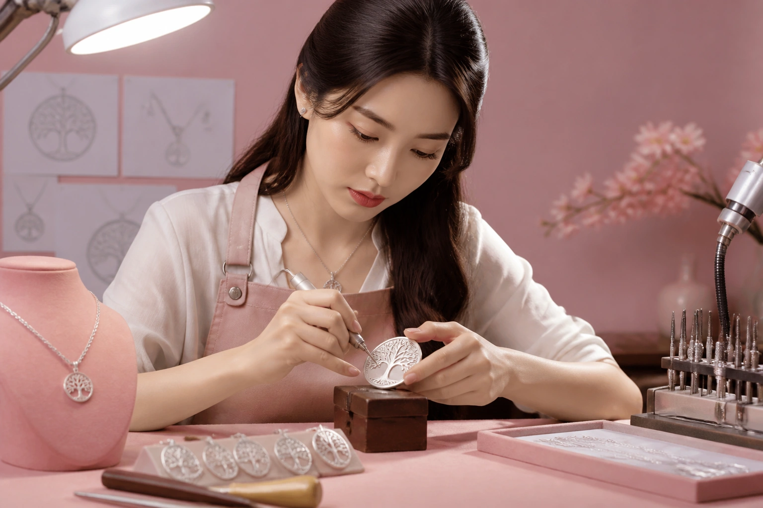 Quy trình nghệ nhân tại DNJ Silver chạm khắc biểu tượng cây sự sống