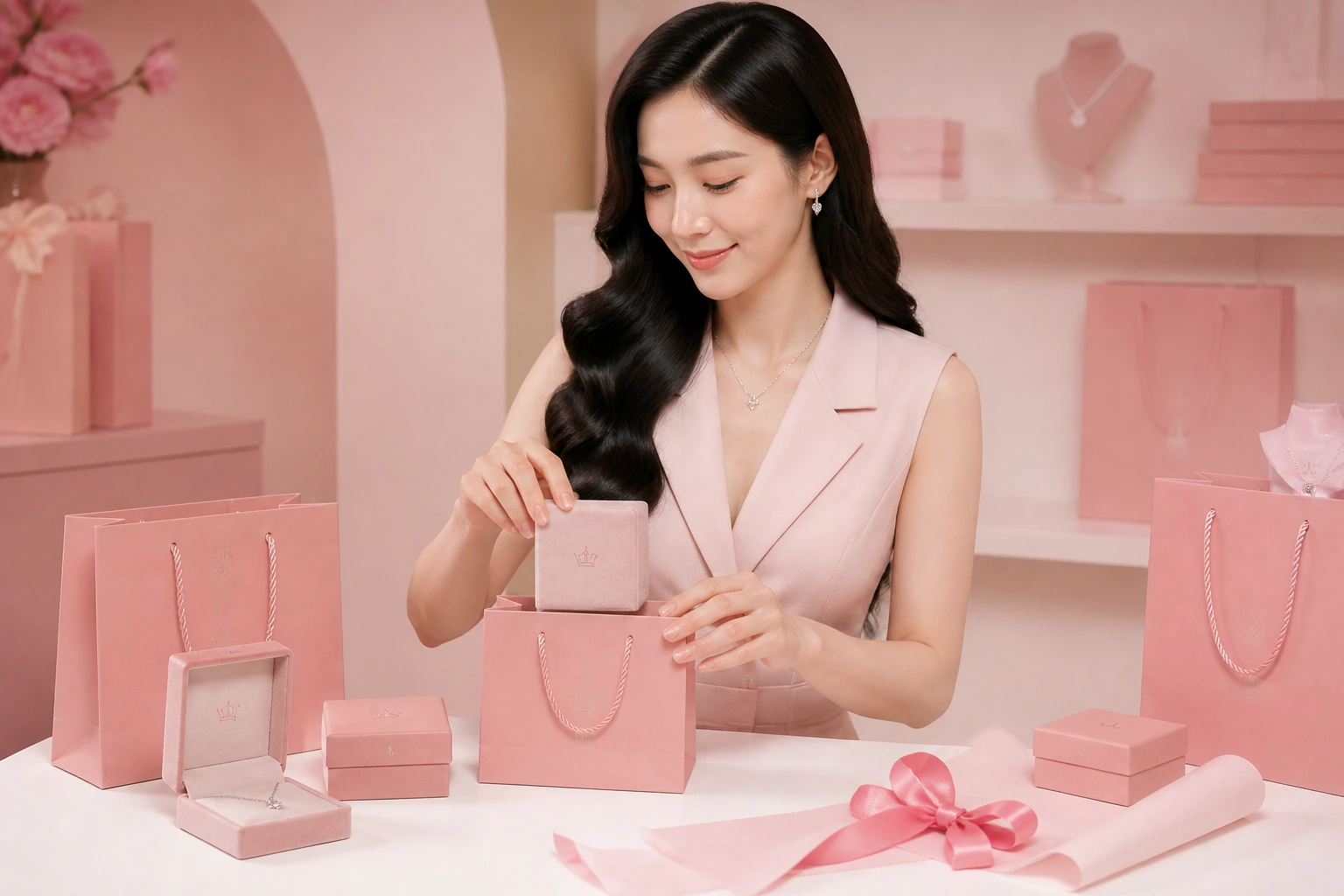 Quy trình đóng gói quà tặng chuyên nghiệp với hộp nhung và túi giấy cao cấp tại DNJ