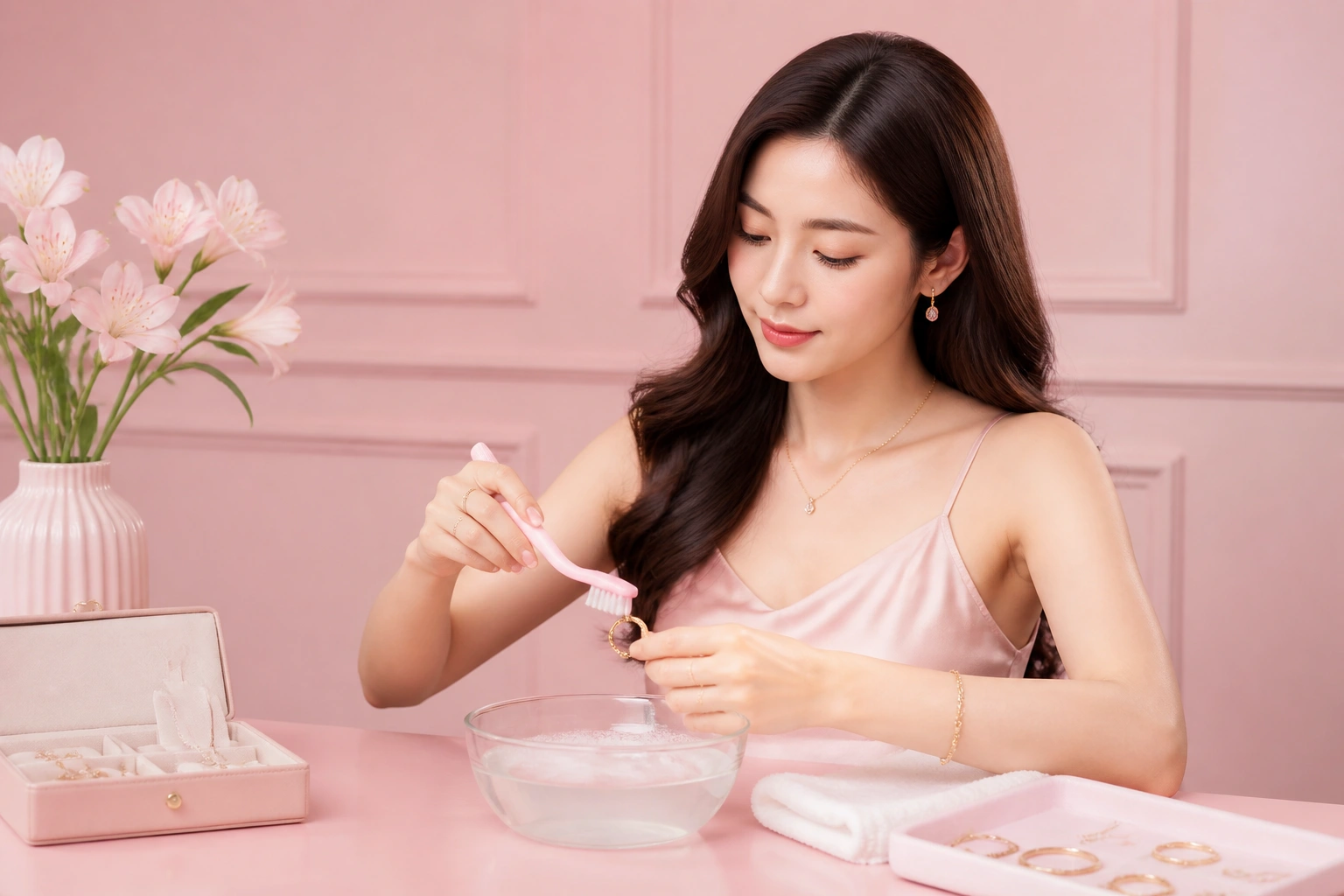 Quy trình vệ sinh trang sức bạc xi vàng bằng nước ấm và bàn chải mềm