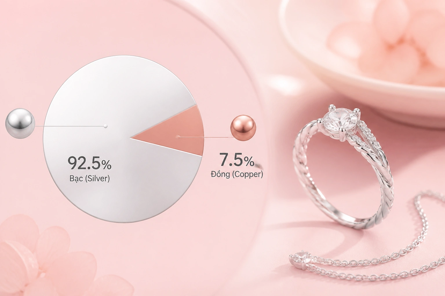 Sơ đồ minh họa tỷ lệ thành phần 92.5% bạc và 7.5% đồng