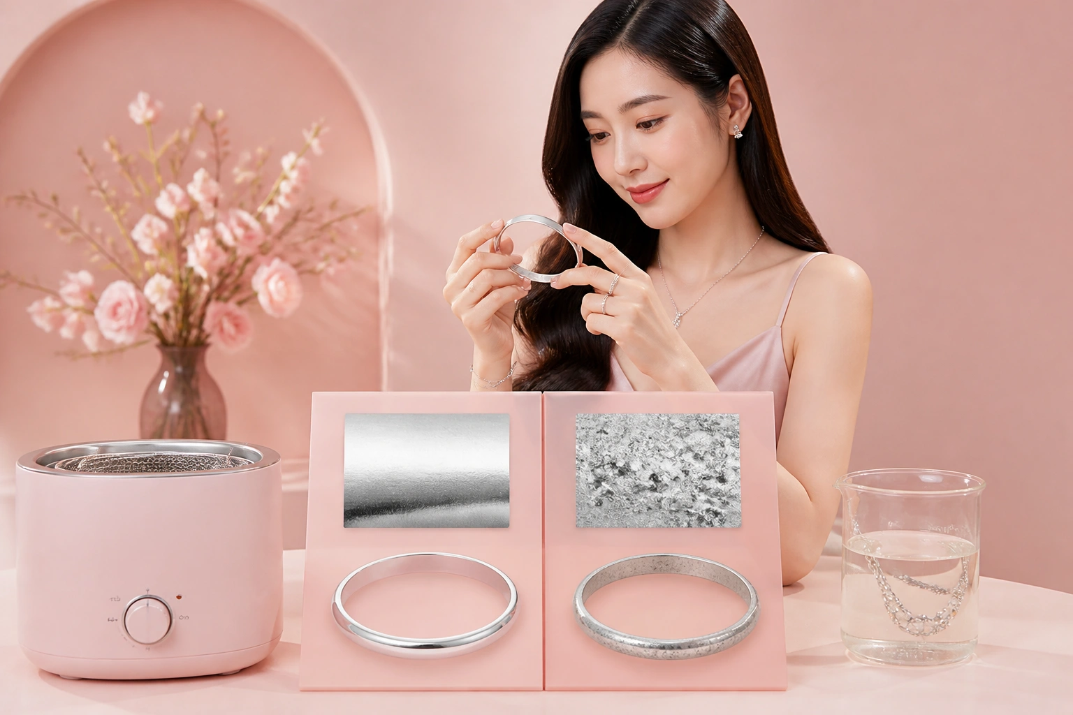 So sánh bề mặt bạc làm sạch bằng máy siêu âm và bằng axit ăn mòn