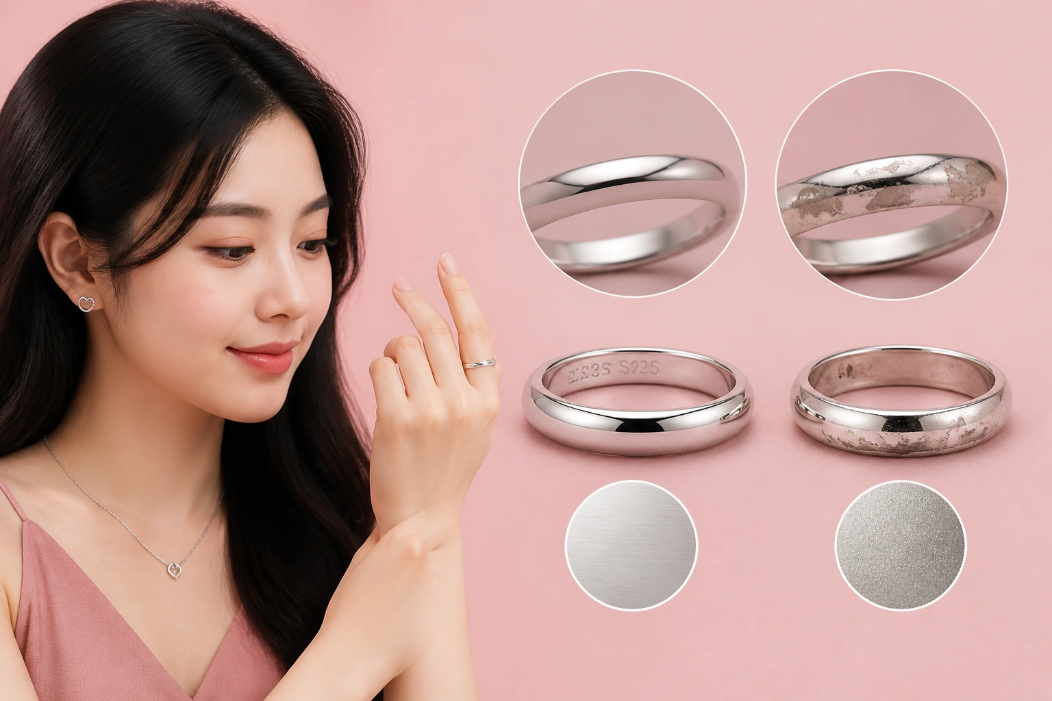 So sánh bề mặt nhẫn bạc thật S925 và nhẫn đồng thau mạ bạc bị bong tróc