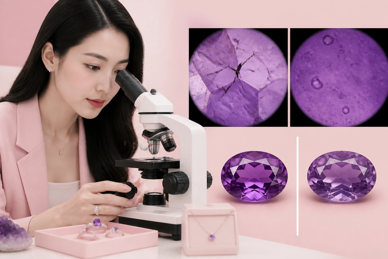 So sánh cấu trúc bên trong của đá amethyst thật và đá giả dưới kính hiển vi