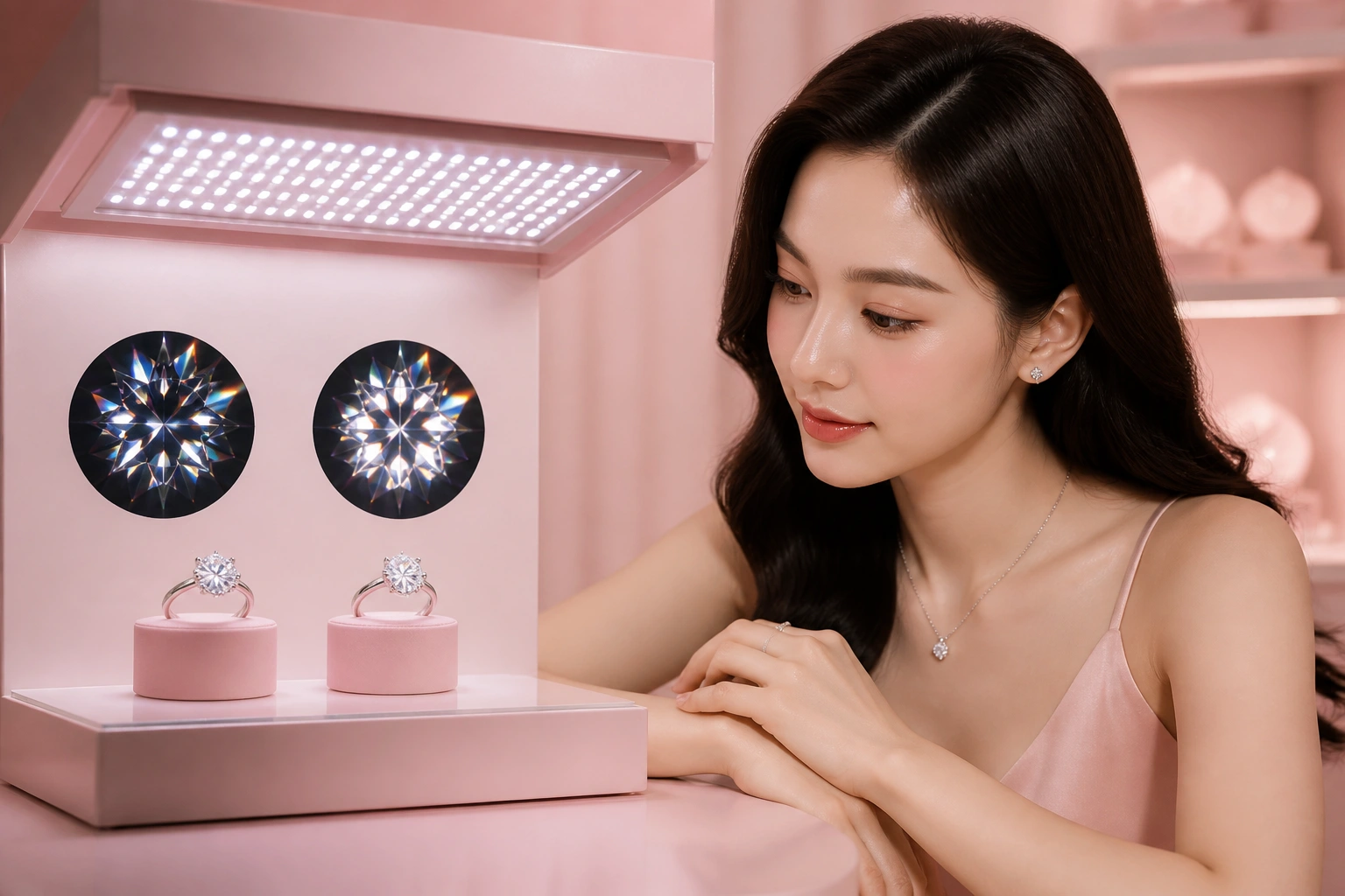 So sánh hiệu ứng ánh sáng của đá CZ và Moissanite dưới đèn Led chuyên dụng