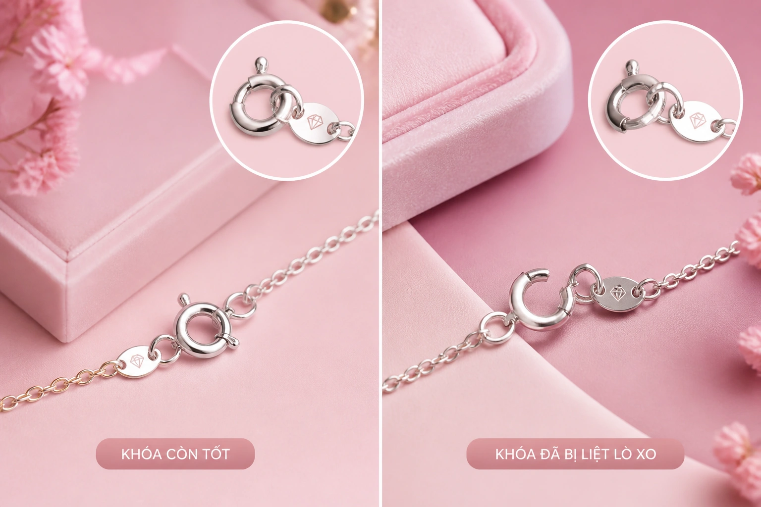 So sánh khóa dây chuyền còn tốt và khóa đã bị liệt lò xo