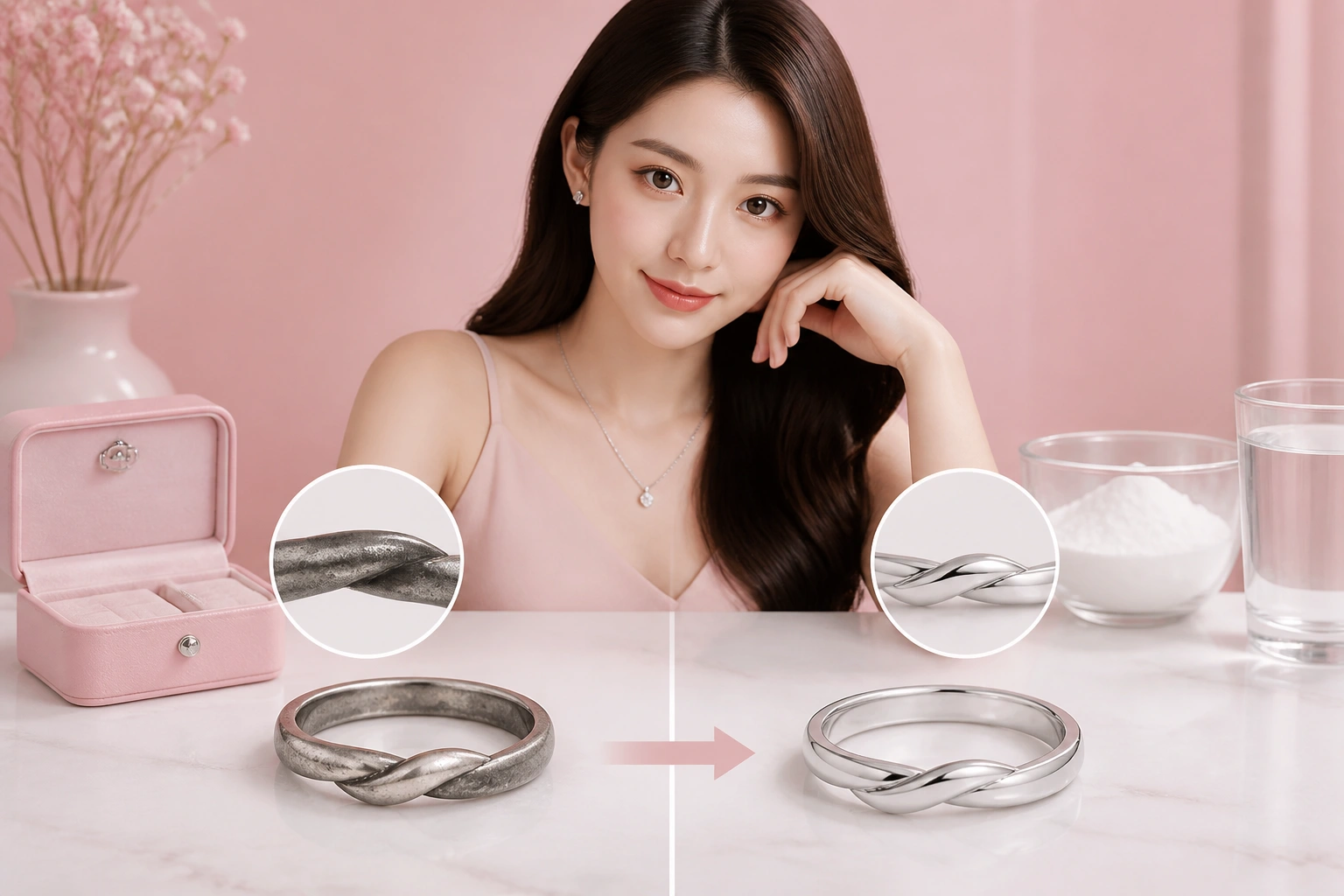 So sánh nhẫn bạc bị xỉn màu và nhẫn bạc sau khi được làm sáng bằng baking soda
