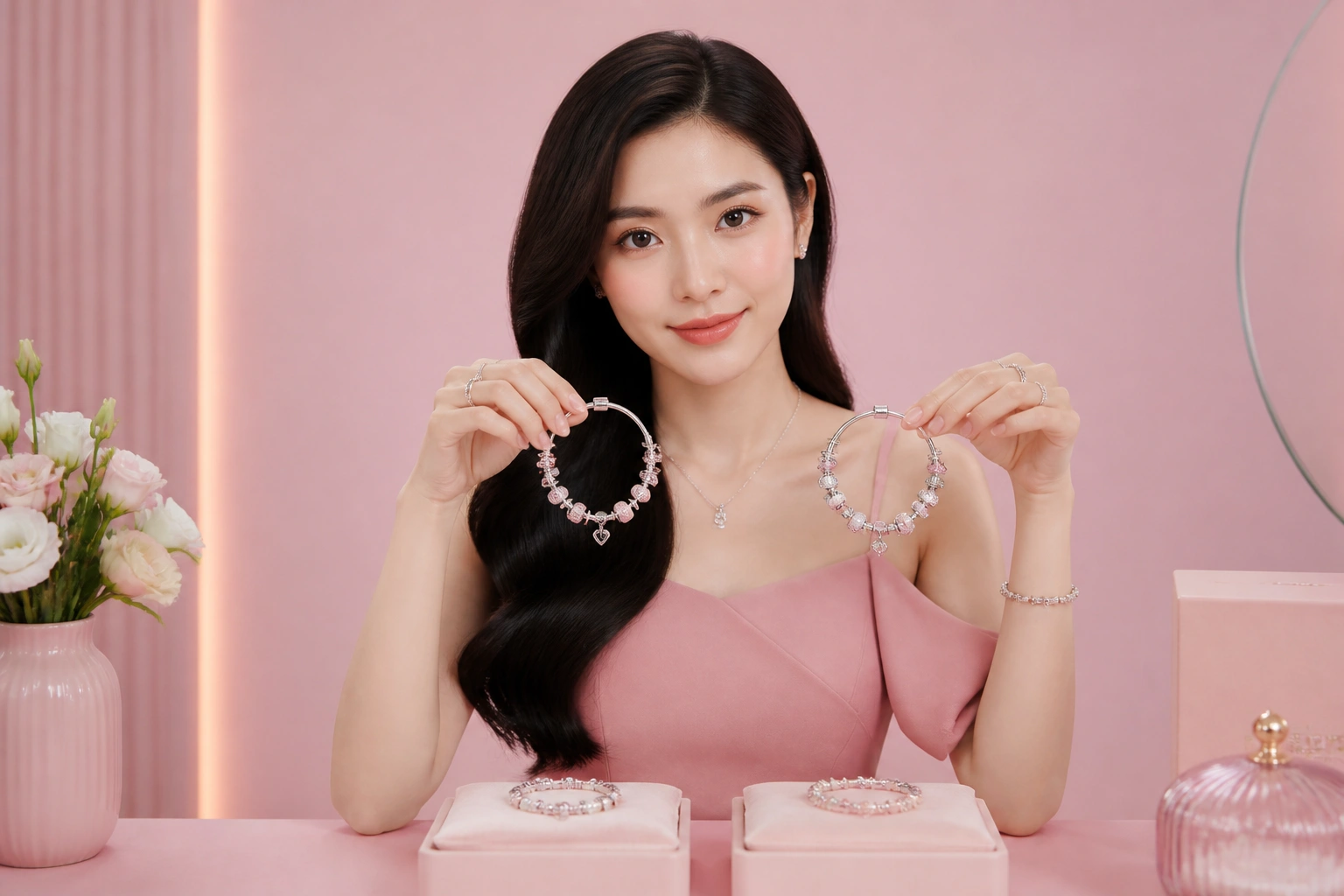 So sánh độ dài vòng charm mới và vòng đã qua sử dụng đeo full hạt