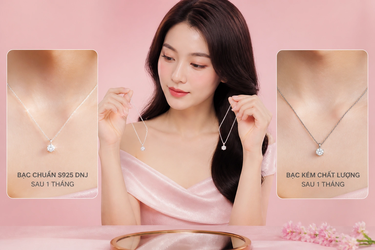 So sánh độ sáng bóng giữa bạc chuẩn S925 DNJ và bạc kém chất lượng sau 1 tháng sử dụng