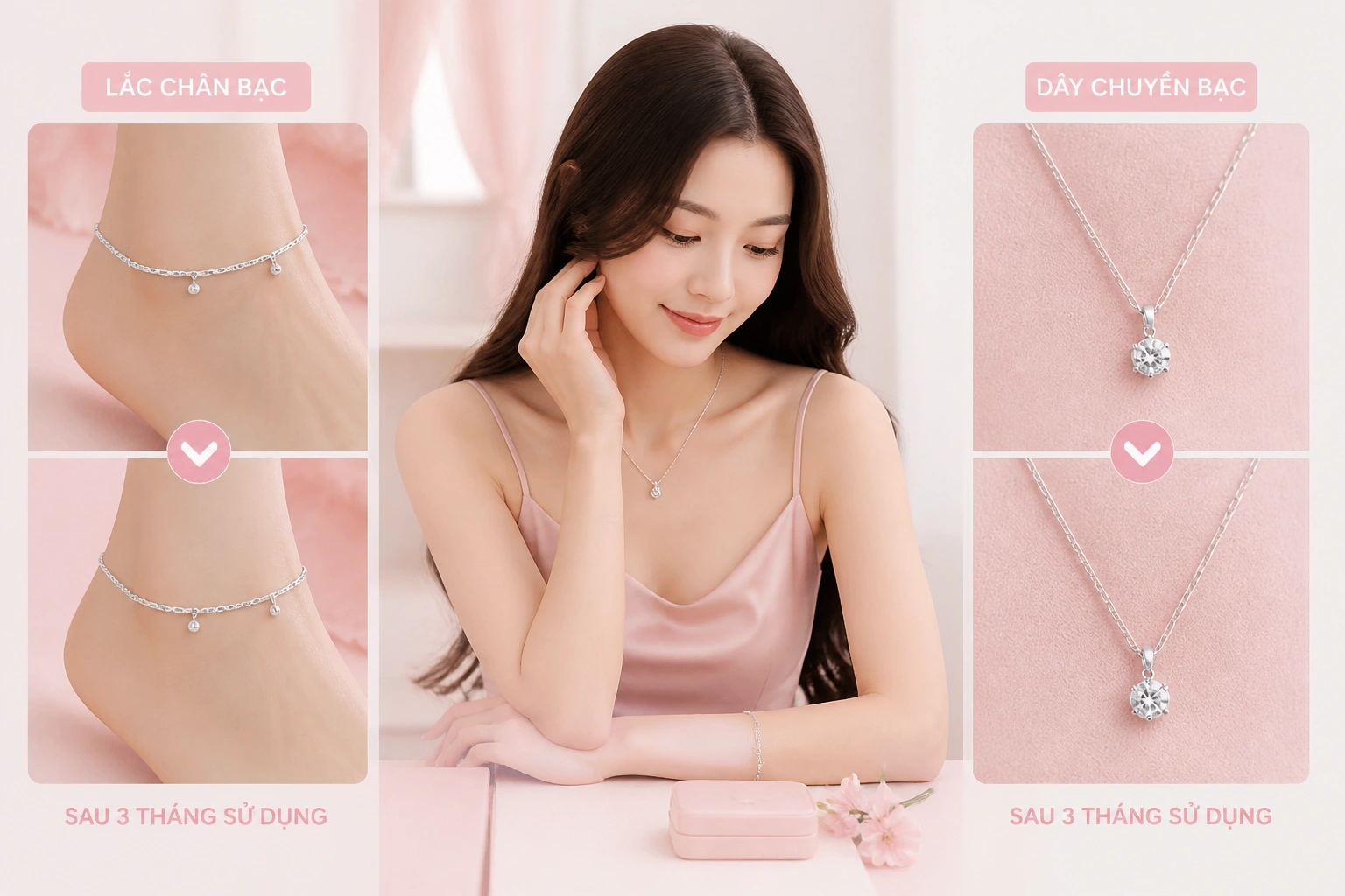 So sánh tình trạng lắc chân bạc và dây chuyền bạc sau 3 tháng sử dụng