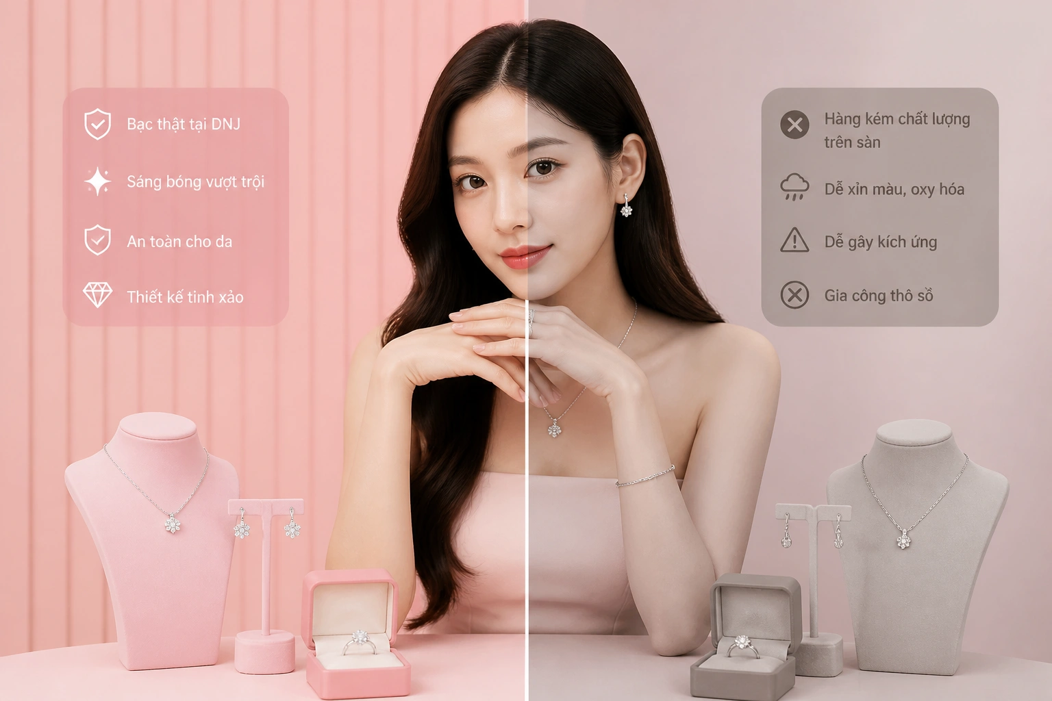So sánh trang sức bạc thật tại dnj và hàng kém chất lượng trên sàn