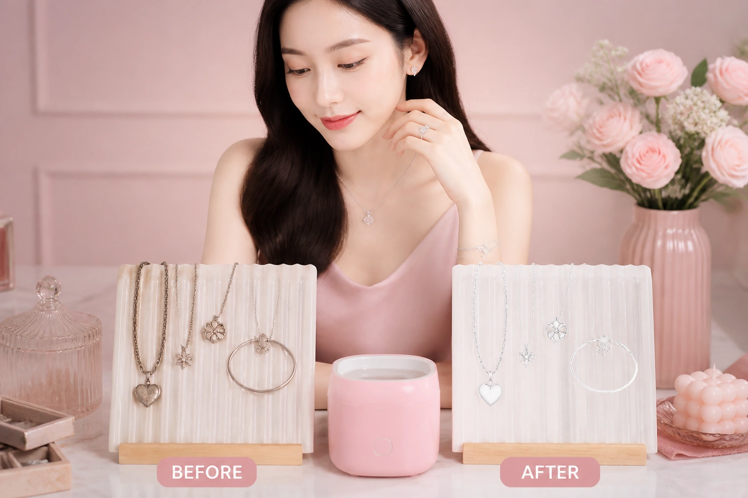 So sánh trang sức bạc trước và sau khi dùng nước rửa chuyên dụng