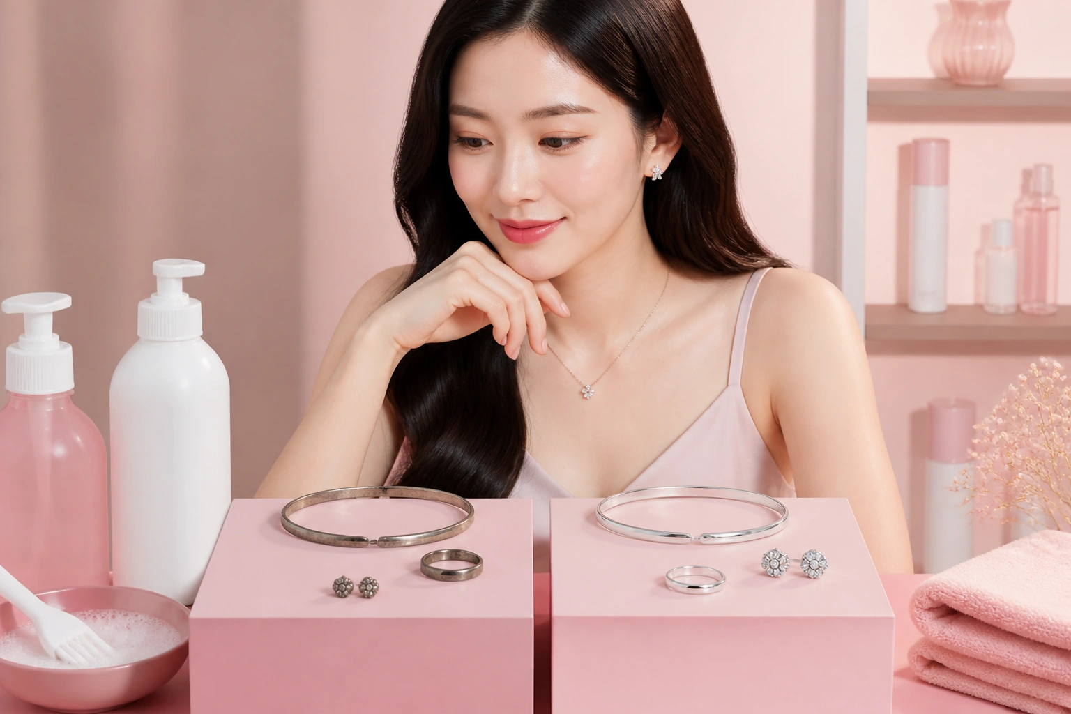 So sánh trang sức bạc trước và sau khi tiếp xúc với hóa chất tẩy rửa
