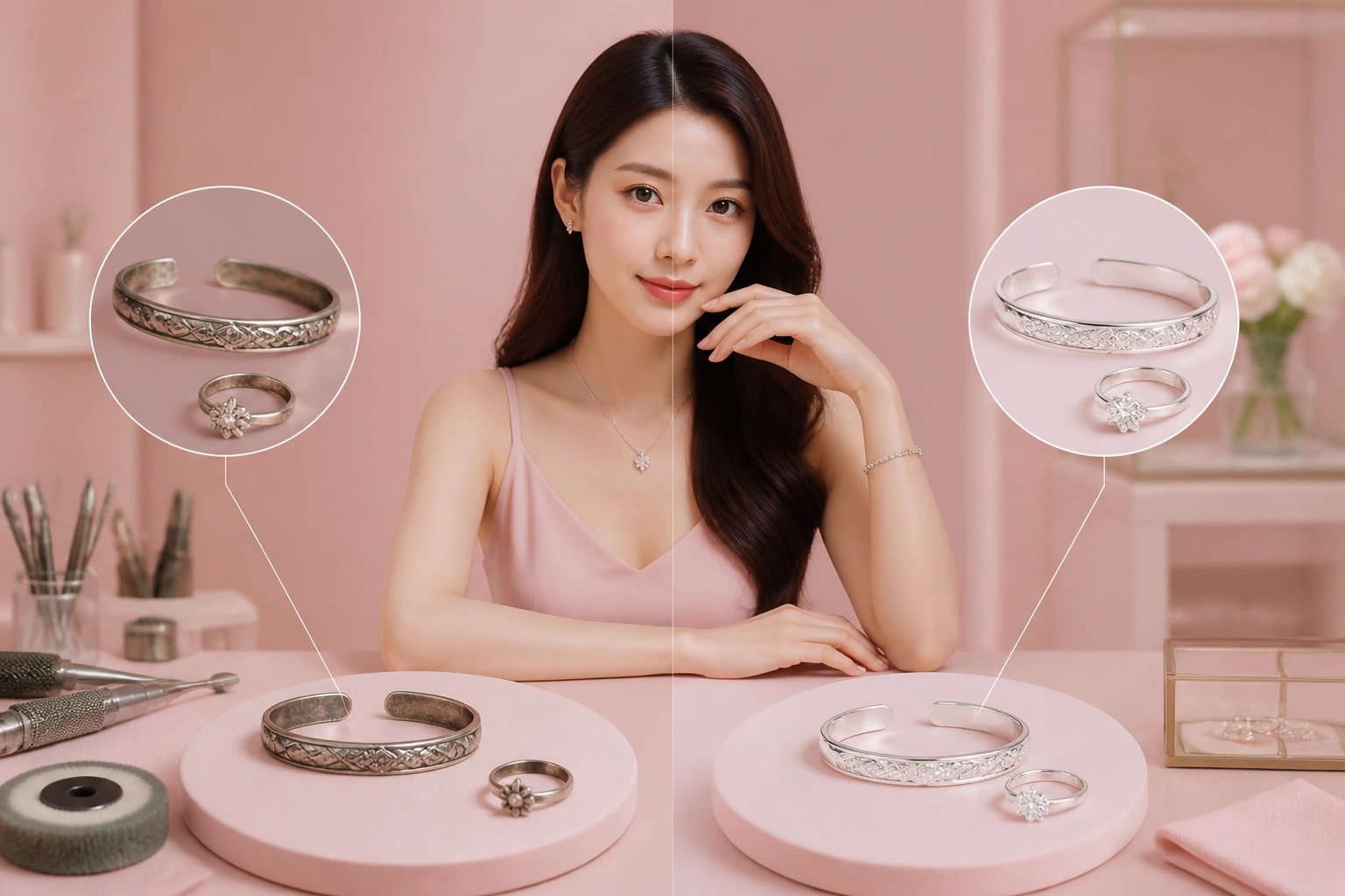 So sánh trang sức bạc trước và sau khi được đánh bóng chuyên nghiệp tại tiệm
