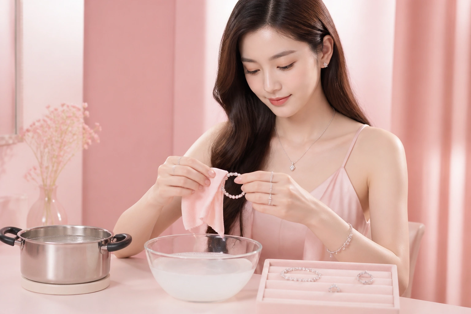 Thao tác chà nhẹ trang sức sau khi đun sôi với nước vo gạo