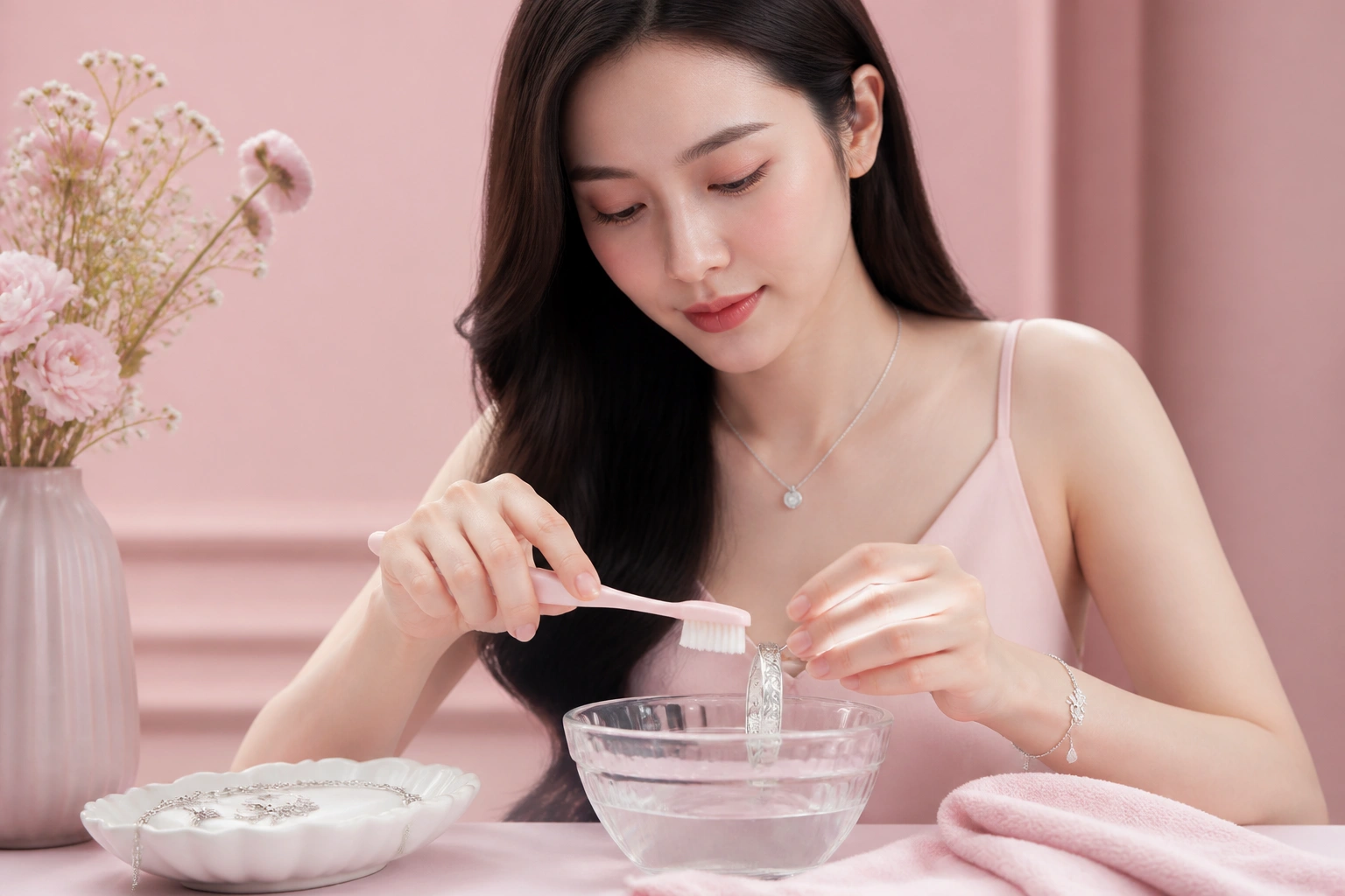 Thao tác vệ sinh bạc Thái bằng bàn chải lông mềm và nước ấm