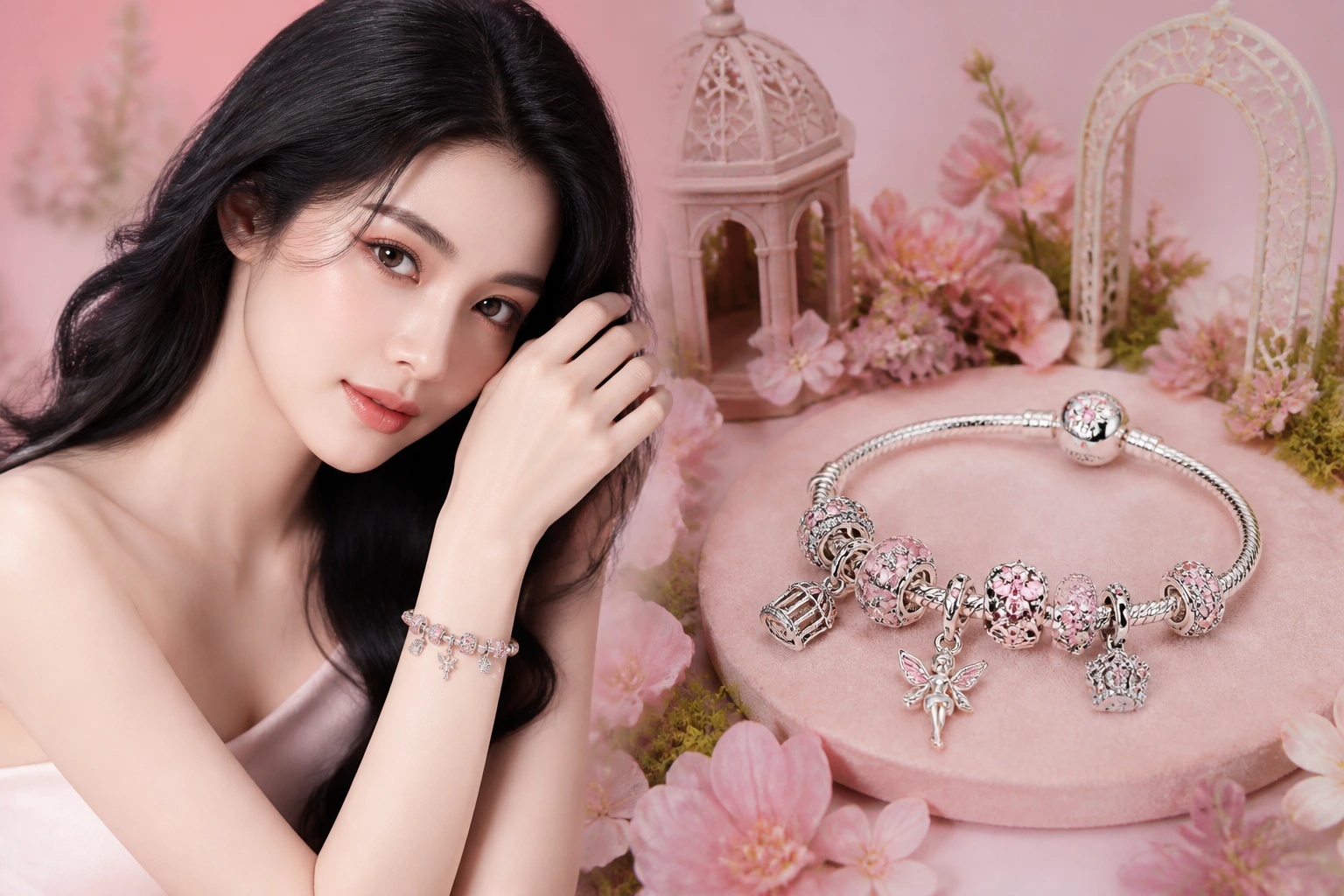 Tổng thể chiếc vòng charm phối theo phong cách khu vườn thần tiên