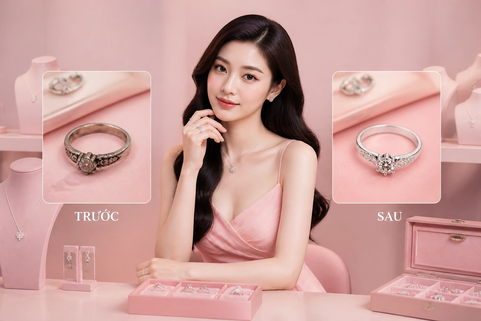 Trang sức bạc trước và sau khi sử dụng dịch vụ làm mới dnj