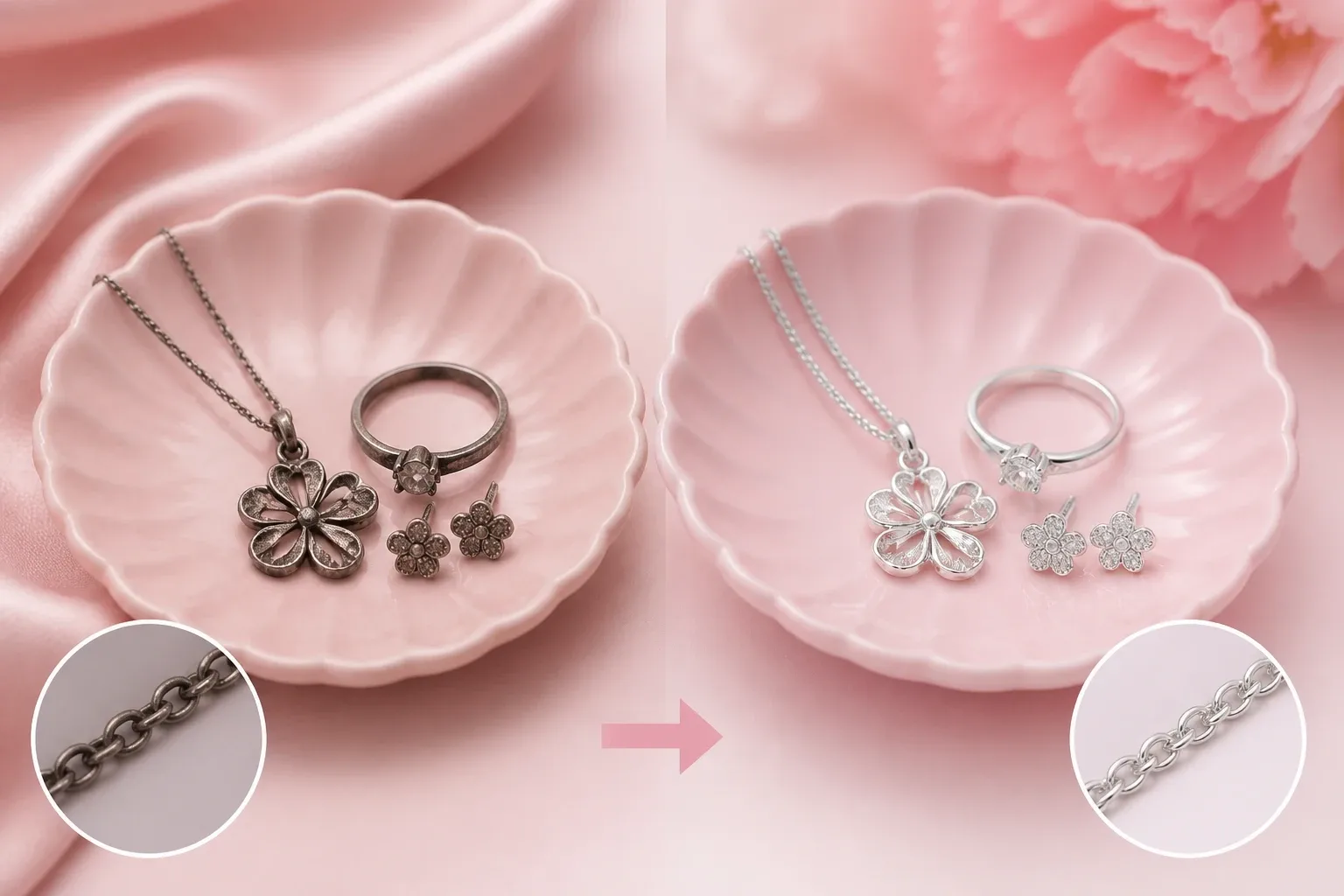 Trang sức bạc trước và sau khi được vệ sinh bằng nước rửa chén dịu nhẹ