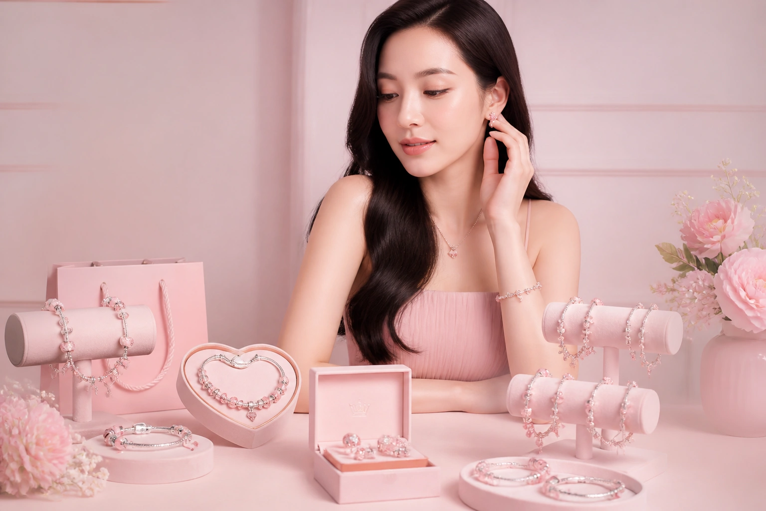 Bộ sưu tập vòng charm màu hồng pastel tại DNJ Silver