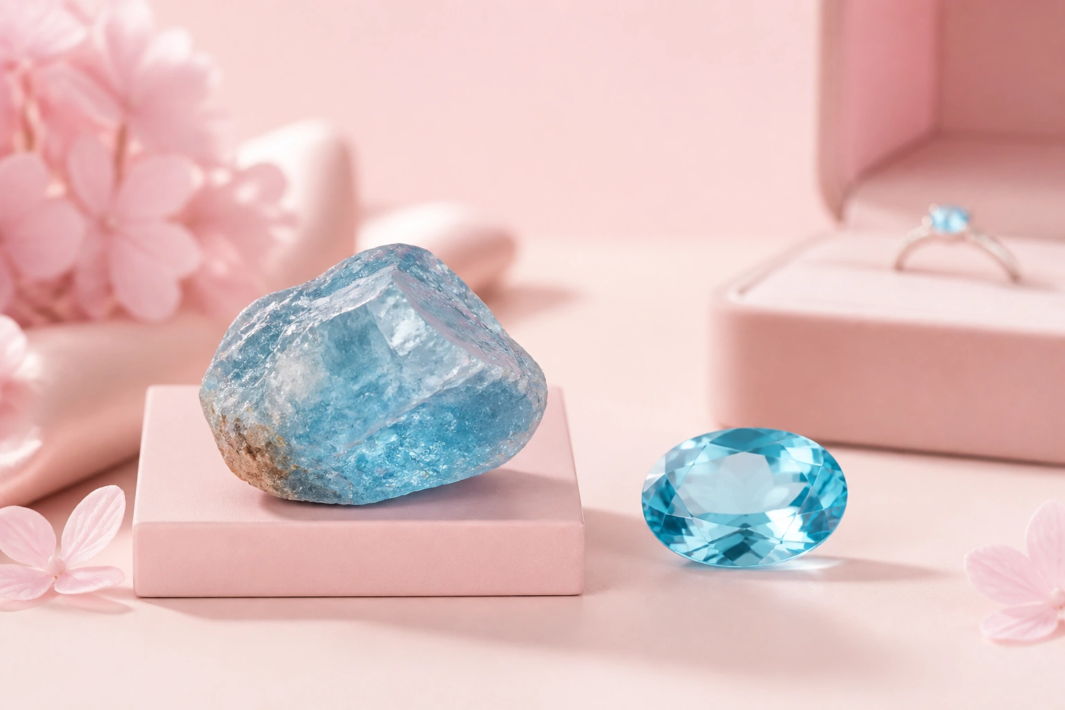 Viên đá topaz xanh thô và sau khi được mài giũa tinh xảo