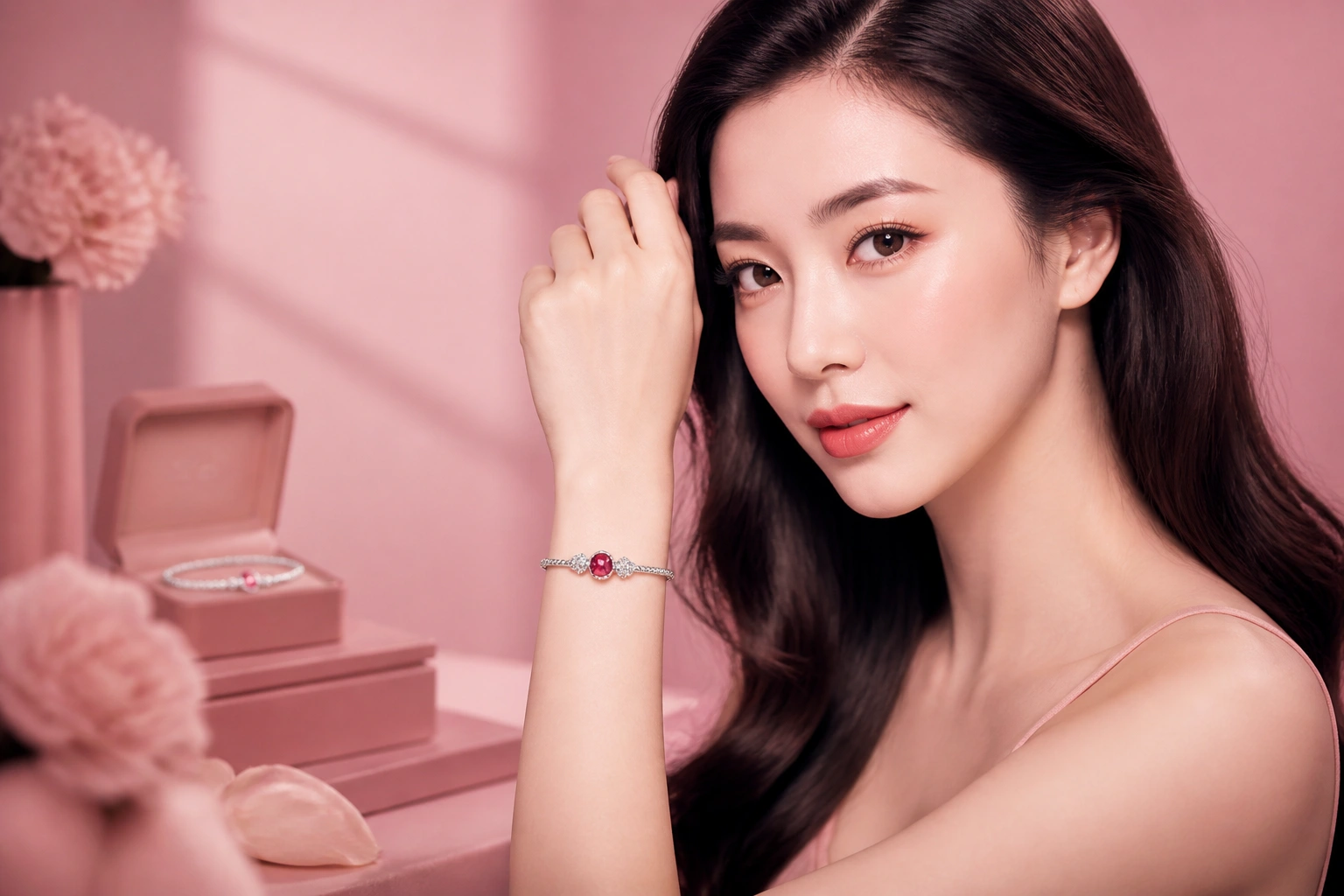 Viên charm đá đỏ trung tâm lấp lánh trên vòng tay bạc S925 DNJ Silver