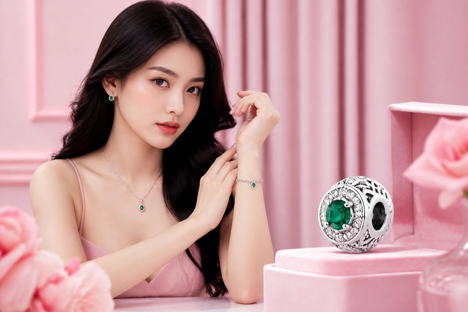 Viên charm đá xanh lục bảo tinh xảo trên nền bạc phủ bạch kim tại DNJ Silver